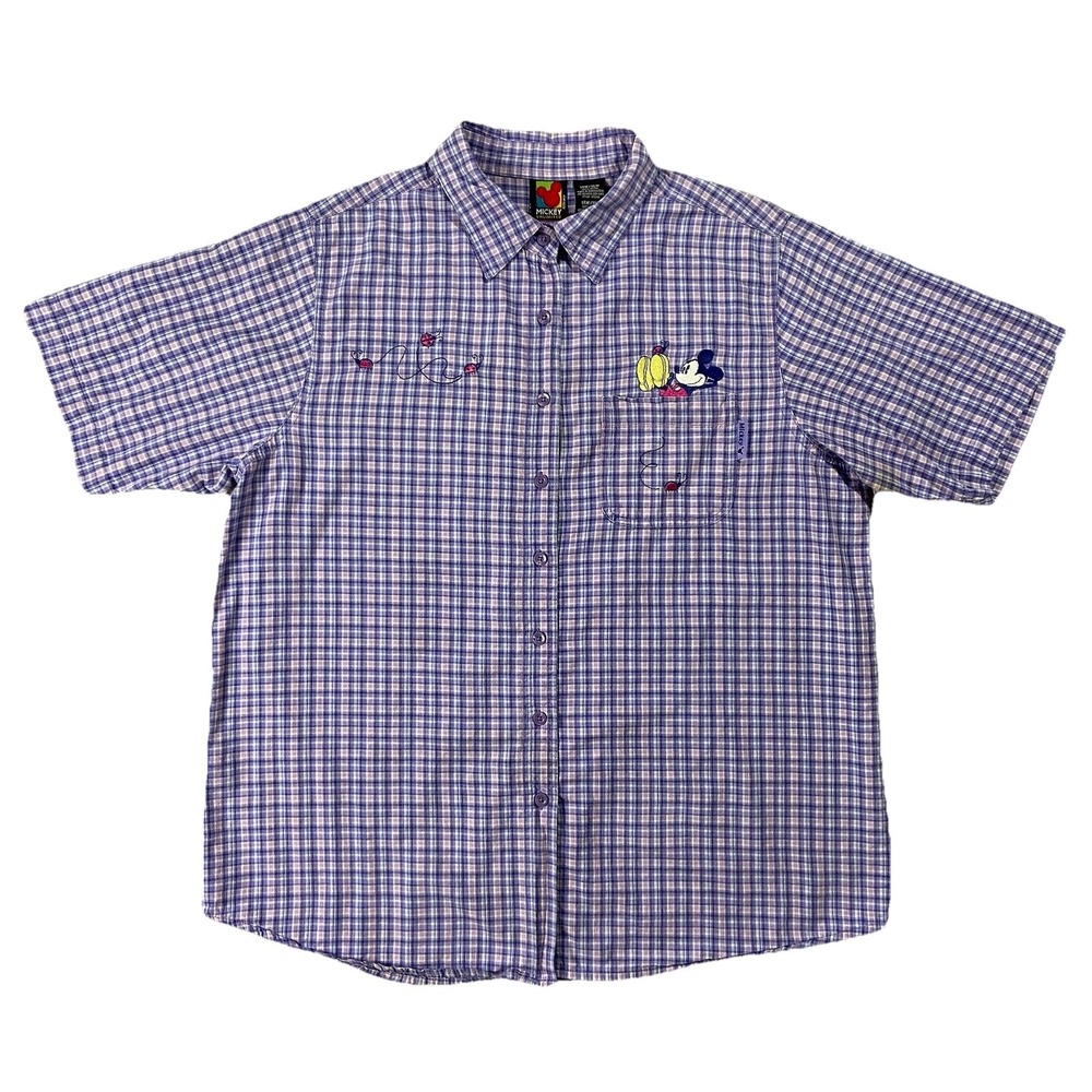 Mickey Unlimited Woman Plaid Short Sleeve Button Up Embroidered Women's 14w/16W